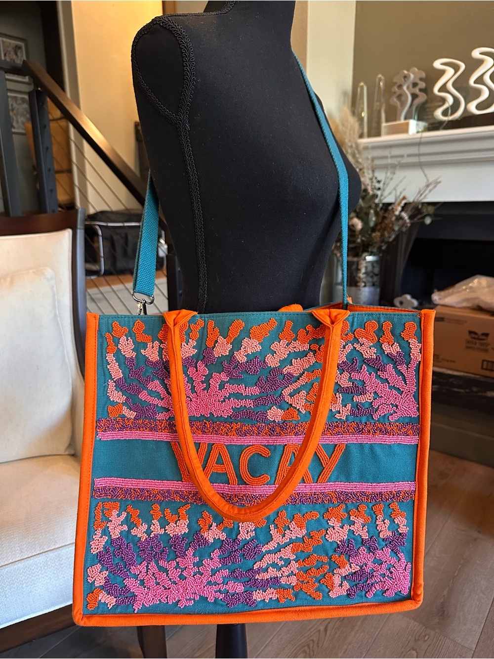 🪸NWOT Embroidered Coral Reef “Vacay” Tote Bag in Orange & Teal 🪸